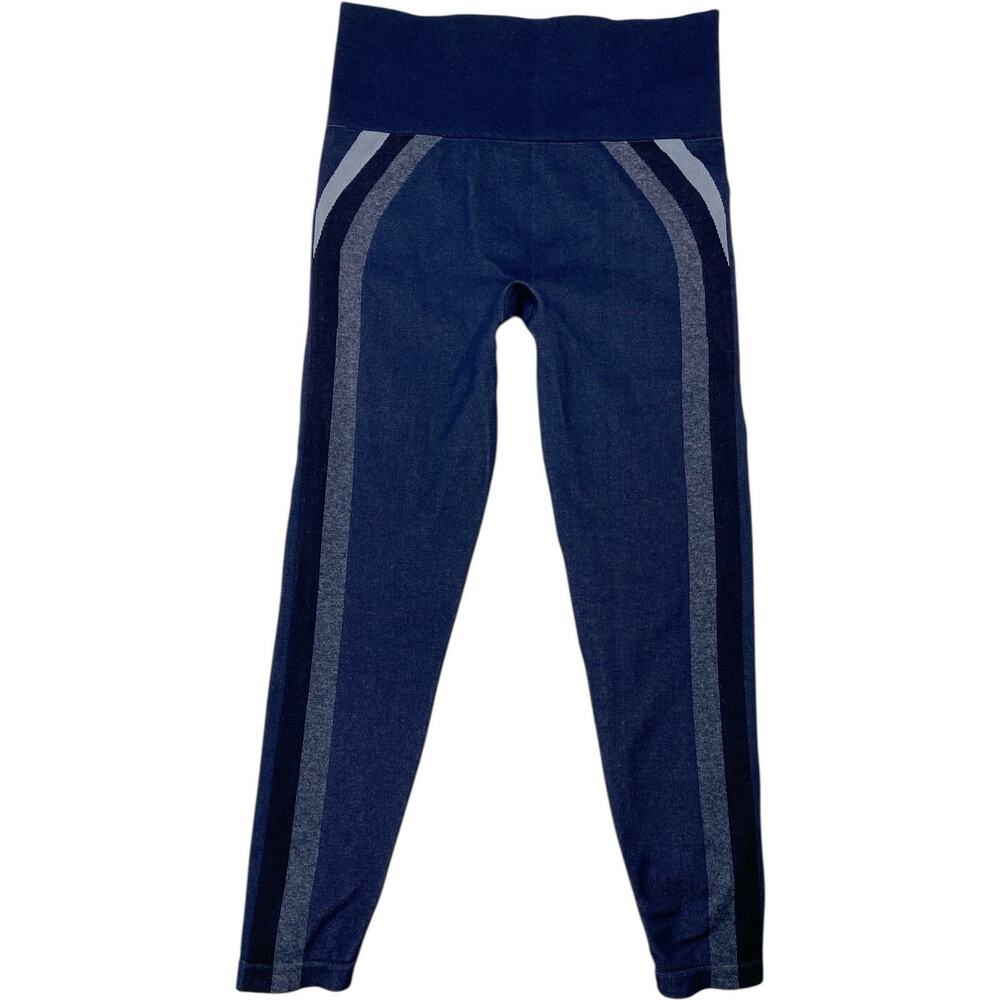 SPANX Navy Blue Haze Look At Me Now Track Stripe Leggings Women's Size Large Gym